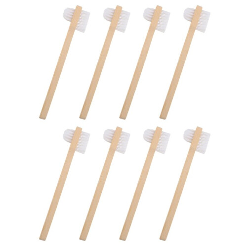 8pcs Double-Sided Nylon Medium-Hard Denture Brushes with Bamboo Ergonomic Grip for False Teeth and Aligner Cleaning