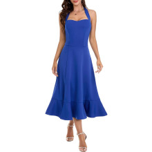 Robe de cocktail élégante à col halter avec volants bleue Taille L — robe mariage invité, tenue soirée chic