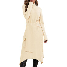 Robe midi en maille avec col roulé Robe pull évasée beige L — tenue hiver femme, robe tricot chic, vetement chaud femme