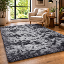 (160cm x 230cm (5ft 3" x 7ft 6"), Tie-Dye Grey/Black Grey Shaggy Rugs) Fluffy Rug Non-Slip Shaggy Rugs Living Room Carpet