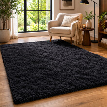 (160cm x 230cm (5ft 3" x 7ft 6"), Black Shaggy Rugs) Fluffy Rug Non-Slip Shaggy Rugs Living Room Carpet