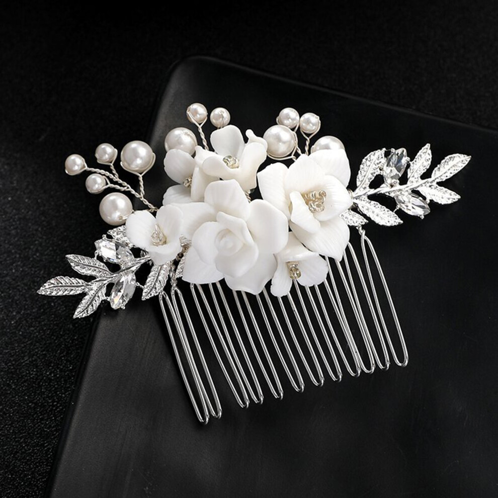 Bright-Home Side Hair Comb With Ceramic Flower Decor Wedding Elegant Alloy Comb Barrette For Birthday Stage Party Hairstyle