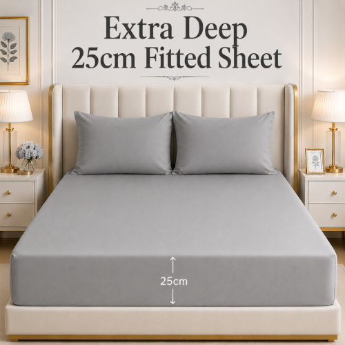 (Grey, Double) Fitted Bed Sheet Luxury Extra Deep 25cm Single Double King Super King Sizes