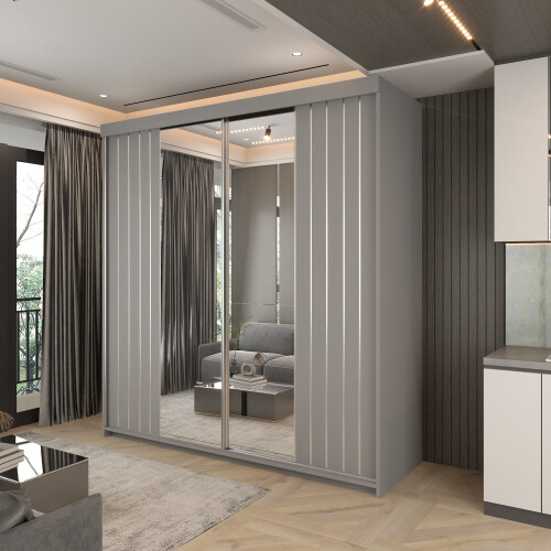 MN Furniture Double Sliding Mirror Wardrobe Shelves Grey 200cm