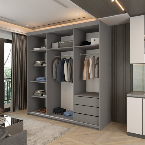 MN Furniture Double Sliding Mirror Wardrobe Shelves Grey 200cm 2