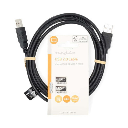 USB kabel | USB 2.0 | USB-A samec | USB-A samec | 480 Mbps | Niklovaný | 2,00 m | Kulatý | PVC | Černá | Označení 2