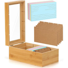 Organizzatore di Schede In Bambù, Scatola Porta Schede 3x5 con Divisori, Scatola per Ricette con Coperchio, 4 Scomparti per 1200 Schede