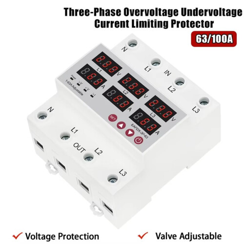 Three Phase Adjustable over and Under Voltage Protector Relay with Current Protection with Automatic Reset Function 63A 1