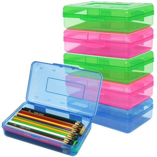 6 Pack Plastic Pencil Boxes Case Bulk Assorted Colors Capacity Pencil Box Clear Pencil Case with Lid Snap Closure