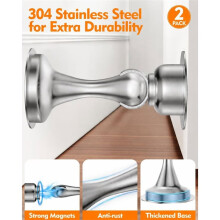 2 Pack Stainless Steel Magnetic Door Stoppers Heavy Duty Wall Floor Mount Door Catch with Adhesive & Screws Silver