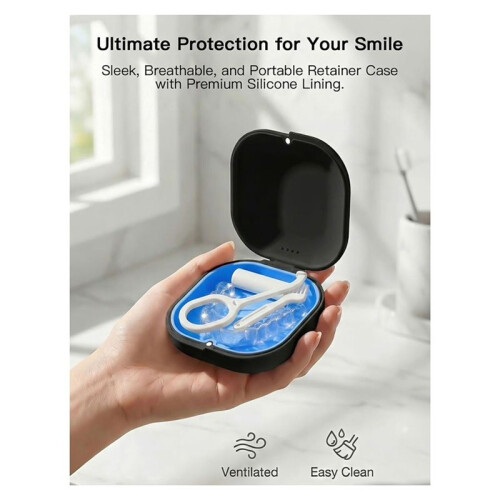 Retainer Case with Vent Holes, Aligner Case for , Portable Aligner Kit, Removable Silicone Liner Black 2