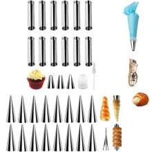 Formas para Cannoli em Formato de Chifre, 16 Peças em Formato de Cone e 12 Peças em Formato Tubular, em Aço Inoxidável.