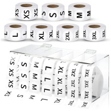 3500 Etichette Adesive per Taglie di Abbigliamento con Dispenser In Acrilico per Magliette, Taglie Dalla XS Alla 3XL.
