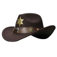 (Brown,57cm)Vintage Cowhead Sixpoint Badge Cowboy Hat With Large Brim For Family Casual Outings