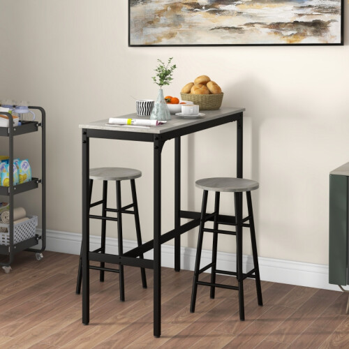 3 Piece Bar Table Set with 2 Stools, Grey
