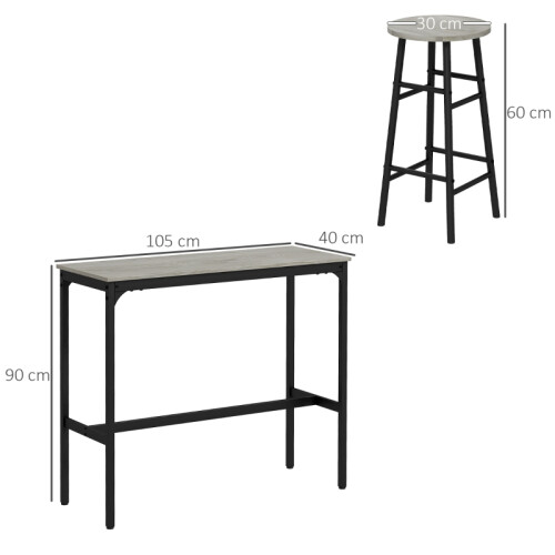3 Piece Bar Table Set with 2 Stools, Grey 1