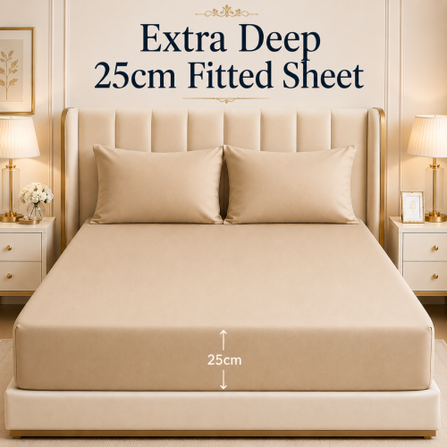 (Beige Fitted Sheet	) Double Fitted Sheets Extra Deep Bed Sheet 25cm