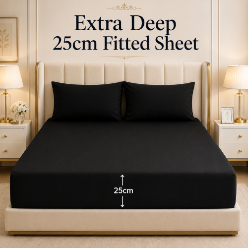 (Black Fitted Sheet	) Double Fitted Sheets Extra Deep Bed Sheet 25cm