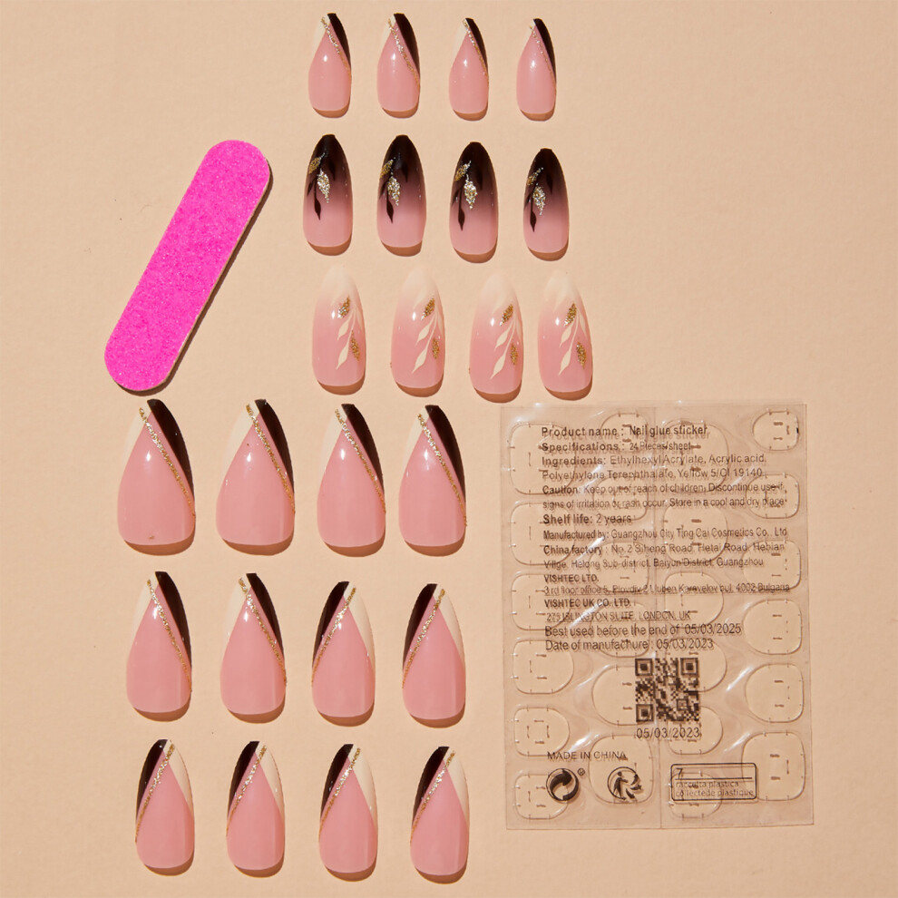 Hue-Grain Gradient Black Almond Fake Nails - 50Pc