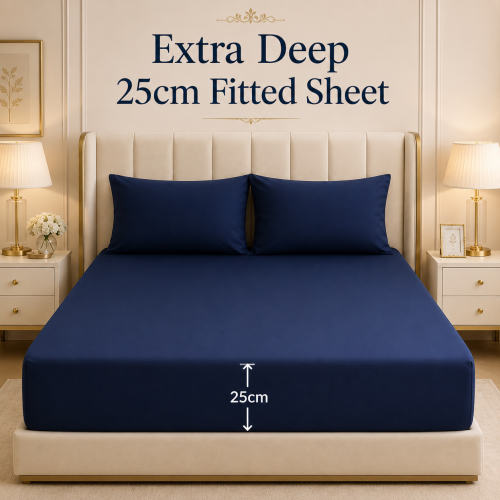 (Navy, S.King) Fitted Bed Sheet Luxury Extra Deep 25cm Single Double King Super King Sizes