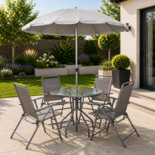 Samuel Alexander Outdoor 4 Seater Round Glass Top Table and Chairs Patio Set with Parasol in Grey
