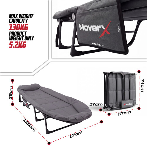 MoverX Grey Folding Camping Bed with Adjustable Backrest - Capacity 130kg 2