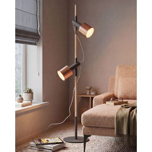 Beliani Floor Lamp OWENS Adjustable Oak Wood Black 2