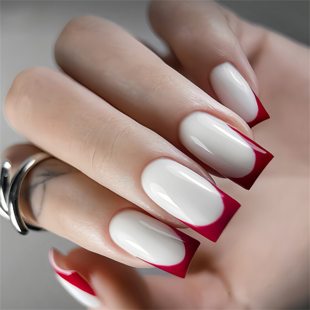 Phui-Pet-Supplies 24Pcs French Press-On Nails Red Glossy Abs For Asian Shape