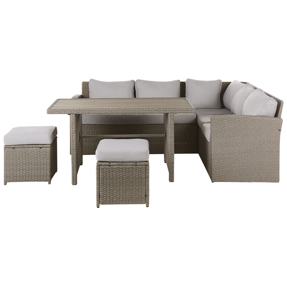 Beliani Garden Lounge Set With Table And Ottoman 5 Seater Bardi Taupe Pe Rattan With Cushions