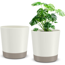 Plastic Planters with Drainage Holes Set of 2 Grey-White 20cm — plastic pots 20cm, grey pot set, pots with saucer