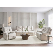 Electric Recliner Living Room Set 6 Seater BERGEN Velvet Light Beige with USB Port
