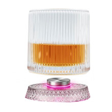 Whiskey Glass with Ambient Lighting Set, 360 Degree Rotating Crystal Tumbler with Vintage Ribbed Patterns