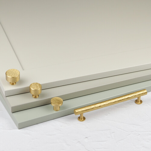 (160mm Handle) Satin Brass Hammered T-Bar Handle & Coordinating Knobs 1