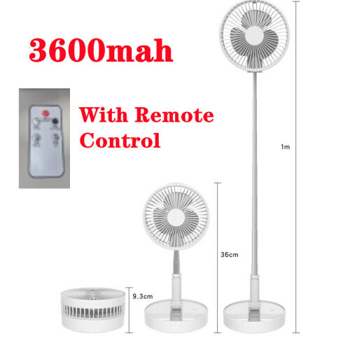 (3600mAh Battery) Cordless Fan Telescopic Folding Cooling Wireless Portable Rechargeable with Remote Control