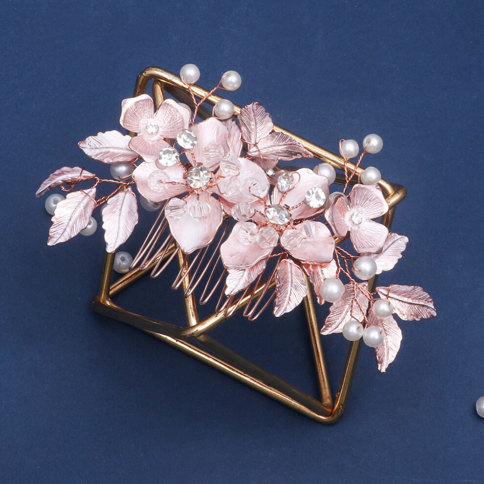 Bright-Home (Rose Gold) Vintage Pearl Hair Comb With Rhinestone Flowers Bridal Hair Comb With Pearl For Thick Curly Hair Styling