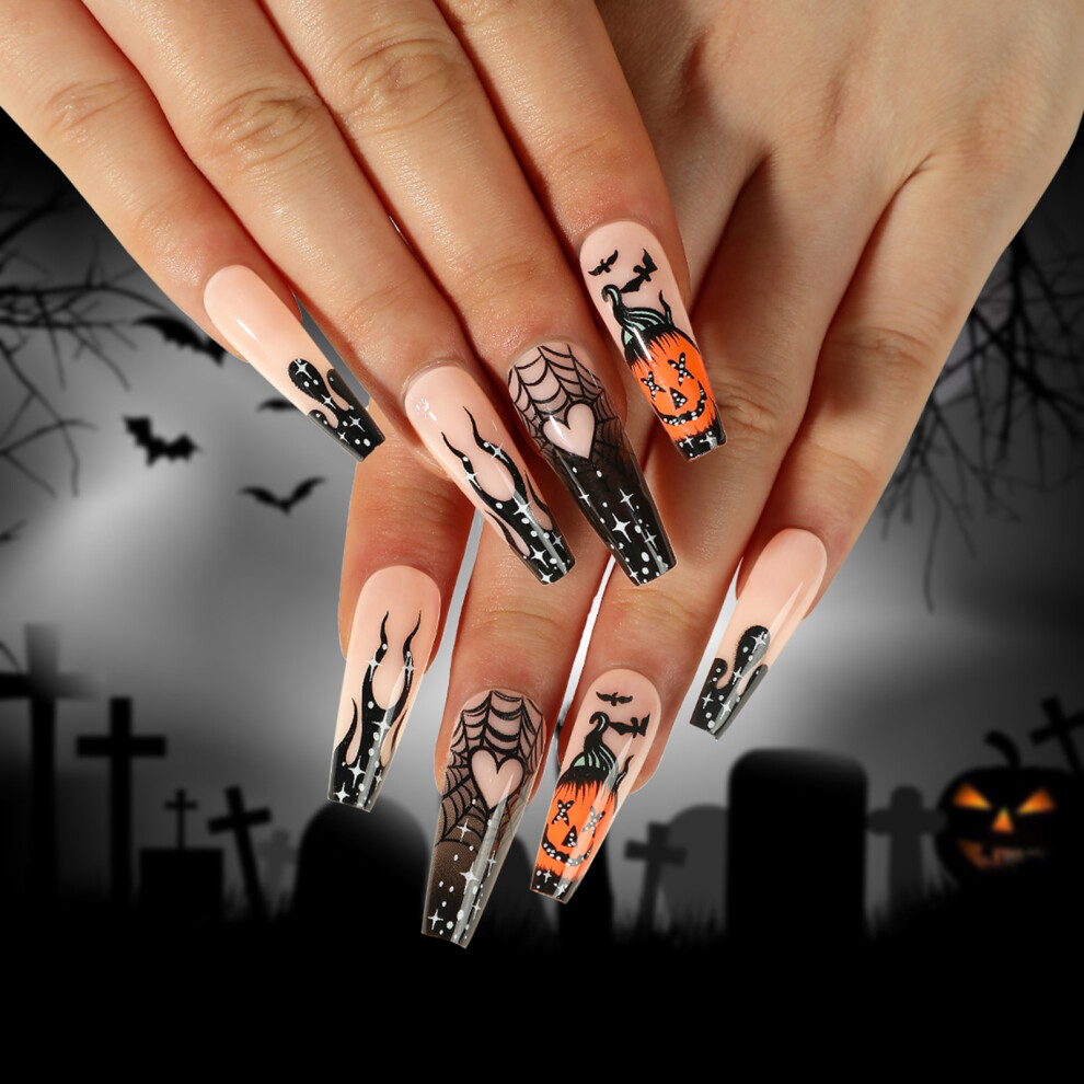 Reach-Tools (Jelly Glue Model) Halloween Orange Pumpkin Fake Nails (50Pcs)