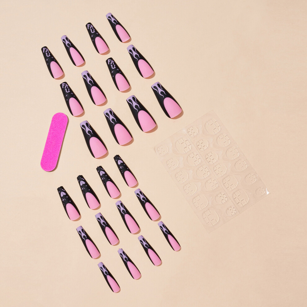 Hue-Grain Trendy Pink Flame Black Fake Nails - Odorless & Frosted