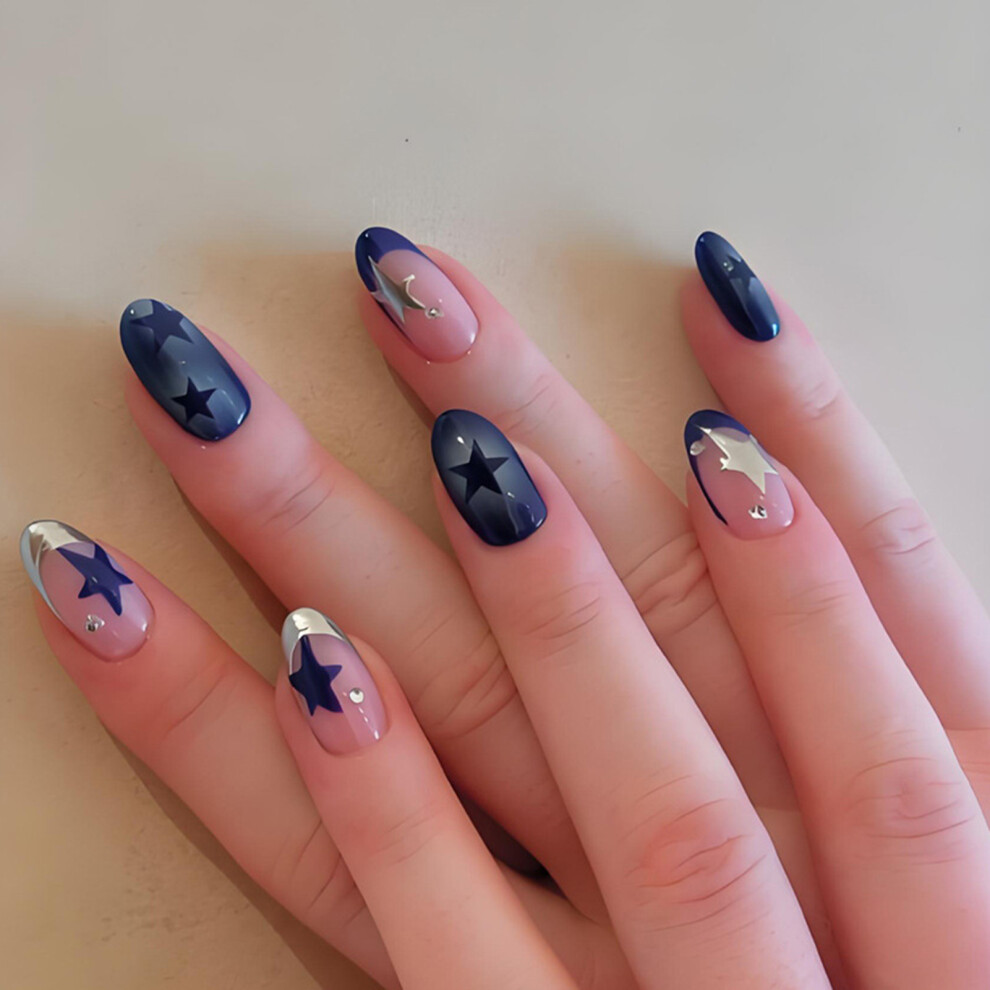 Roc-Electron 24Pcs Blue White Star Glitter French False Nails
