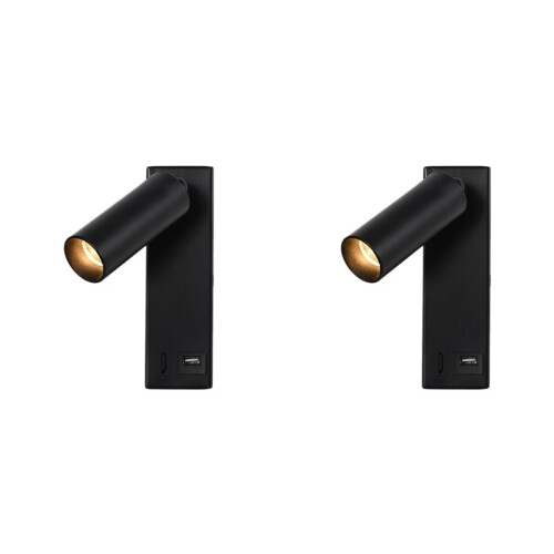 2X 3W LED Wall Lamp Embedded and Rotatable Reading Light USB Focus Light for Bedroom Bedside Study 3000K Black