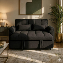 (Black Linen) 2 Seater Sofabed Reversible Pull-Out Sleeper Corner Sofa Linen Fabric Chaise Sofa Bed