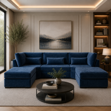 (Blue Velvet) Empire U-Shape Corner Sofa Plush Velvet Fabric Full Back Cushions Handmade Chrome Leg Corner Suite
