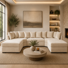 (Cream Velvet) Empire U-Shape Corner Sofa Plush Velvet Fabric Scatter Back Cushions Handmade Chrome Leg Corner Suite