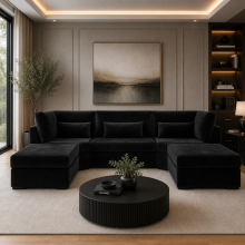 (Black Velvet) Empire U-Shape Corner Sofa Plush Velvet Fabric Full Back Cushions Handmade Chrome Leg Corner Suite
