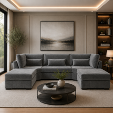 (Grey Velvet) Empire U-Shape Corner Sofa Plush Velvet Fabric Full Back Cushions Handmade Chrome Leg Corner Suite