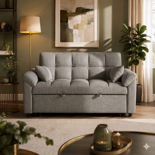 (Grey Linen) 2 Seater Sofabed Reversible Pull-Out Sleeper Corner Sofa Linen Fabric Chaise Sofa Bed