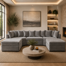 (Grey Velvet) Empire U-Shape Corner Sofa Plush Velvet Fabric Scatter Back Cushions Handmade Chrome Leg Corner Suite