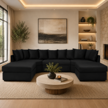 (Black Velvet) Empire U-Shape Corner Sofa Plush Velvet Fabric Scatter Back Cushions Handmade Chrome Leg Corner Suite