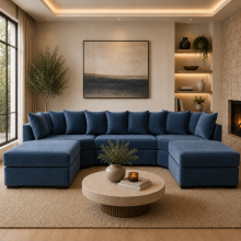 (Blue Velvet) Empire U-Shape Corner Sofa Plush Velvet Fabric Scatter Back Cushions Handmade Chrome Leg Corner Suite