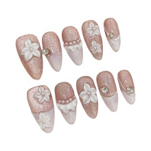 (XS) 10pcs Almond False Nails with Rhinestones, DIY Manicure Kit