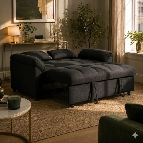 (Black Linen) 2 Seater Sofabed Reversible Pull-Out Sleeper Corner Sofa Linen Fabric Chaise Sofa Bed 1